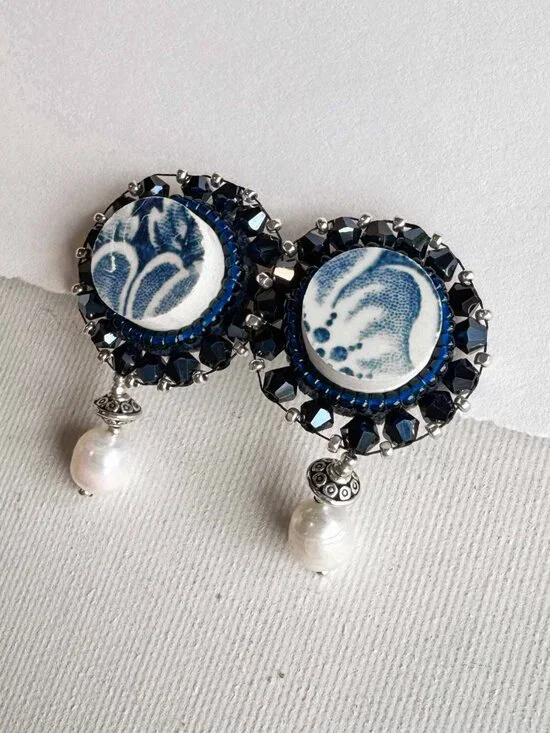 Upcycled Ceramic Pearl Dangle Earrings Blue Statement Studs - Picture 12 of 12